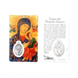Estampa Virgen Perpetuo Socorro, medalla metálica, plastificada y con oración