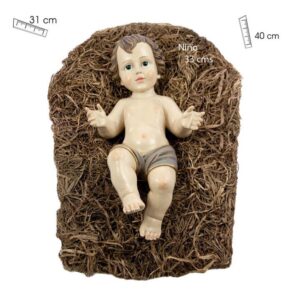 Figura del Niño Jesús en cuna pesebre de paja, 33 cm