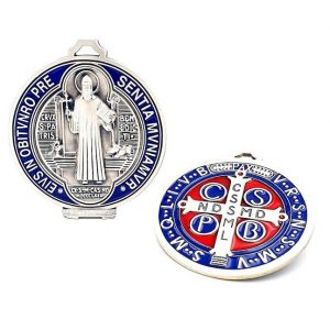 Medallón de san Benito, para colgar o con peana, metal con esmalte, 13 cm