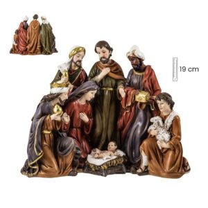 Figura belén, misterio Navidad con reyes y pastor, 19 cm