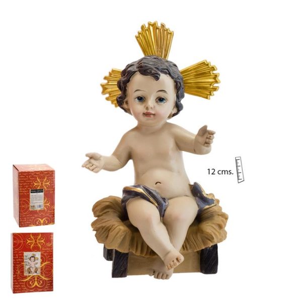 figura niño jesus sentado en un pesebre con corona