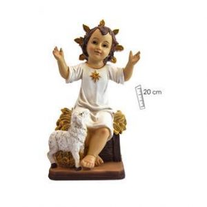 Figura Niño Jesús sentado con oveja y brazos extendidos, 20cm