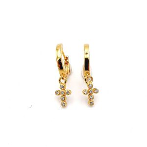 Pendientes aro con cruz redondeada de circonitas y baño de oro