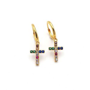 Pendientes aro con cruz circonitas colores y baño de oro