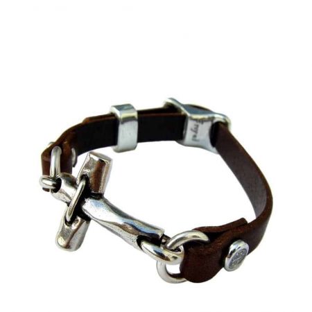 Pulsera romana con cruz, cordón ajustable cuero encerado